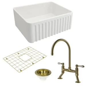 Turner Hastings Novi 60 Butler Sink Pack with Brushed Brass Ludlow Bridge Mixer Tap and Accessories PKG026 by Turner Hastings, a Kitchen Sinks for sale on Style Sourcebook