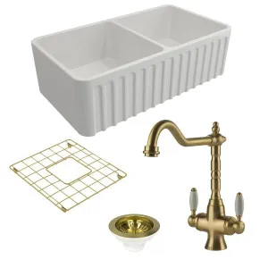 Turner Hastings Novi 85 Double Bowl Butler Sink Pack with Brushed Brass Providence Double Mixer Tap and Accessories PKG016 by null, a Kitchen Sinks for sale on Style Sourcebook