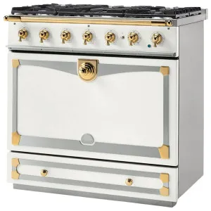 La Cornue Albertine 90cm Dual Fuel Freestanding Oven Pure White with Polished Brass ALB90DFWH-BN by La Cornue, a Cooktops for sale on Style Sourcebook