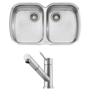 Oliveri Monet Double Bowl Sink and Essente Pull Out Tap Pack SS31615MO70U by null, a Kitchen Sinks for sale on Style Sourcebook