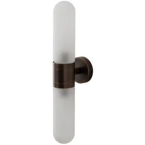 Hepburn Tubular Glass Wall Light with Sculptural Mid­ Century Elegance Antique Brass by Lighting Inspirations, a Wall Lighting for sale on Style Sourcebook