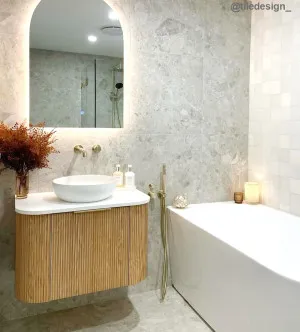 Bondi Fluted 750mm Woodland Oak Curve Vanity with Matte White Top by Otti Australia, a Vanities for sale on Style Sourcebook