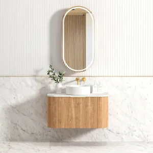 Bondi Fluted 900mm Woodland Oak Curve Vanity with Cloudy Carrara Top by Otti Australia, a Vanities for sale on Style Sourcebook