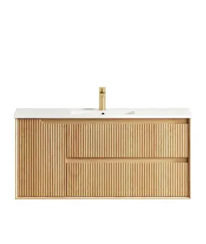 Byron Fluted 1200mm Woodland Oak Wall Hung Vanity with Undermount Natural Carrara Marble Top & Basin by Otti Australia, a Vanities for sale on Style Sourcebook