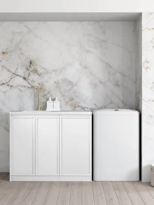 Hampshire White Base Laundry Cabinet with 1060mm Natural Carrara Marble Top by Otti Australia, a Cabinetry for sale on Style Sourcebook