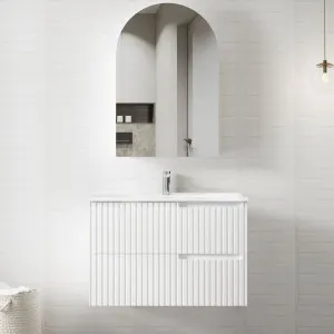Noosa 900mm Satin White Wall Hung Vanity With Natural Carrara Marble Top by Otti Australia, a Vanities for sale on Style Sourcebook