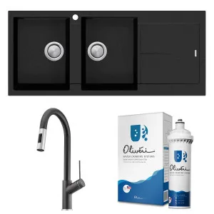 Oliveri Santorini 1 and 3/4 Left Hand Bowl with Drainer and Vilo Pull Out Black Tap Pack with Filter Kit 0426BSTBLBL1511OF by Oliveri, a Kitchen Sinks for sale on Style Sourcebook