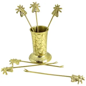 7 Piece Bee Brass Fruit pick set with Utensil Holder by La Vida Trading, a Cutlery for sale on Style Sourcebook