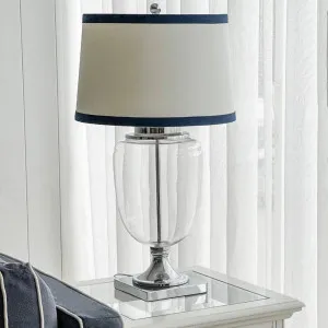 Charlotte Glass and Nickel Lamp with White Linen Shade (Navy Trim) by Florabelle Living, a Lamps for sale on Style Sourcebook
