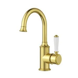 Ikon Clasico Gooseneck Basin Mixer Brushed Gold - Ceramic Handle by Ikon, a Bathroom Taps & Mixers for sale on Style Sourcebook