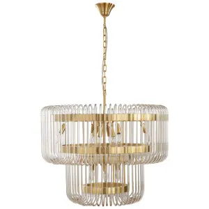 Collette 2 Tier Luxe Pendant with Clear Glass Rod Drum and Satin Brass Finish Large by Lighting Inspirations, a Chandeliers for sale on Style Sourcebook