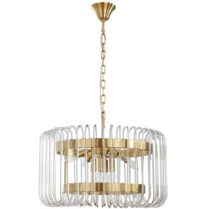 Collette 1 Tier Luxe Pendant with Clear Glass Rod Drum and Satin Brass Finish Medium by Lighting Inspirations, a Chandeliers for sale on Style Sourcebook