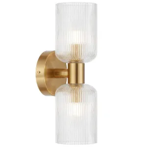 Telbix Riven Dual Light Wall Sconce with Ribbed Glass Shades Antique Gold and Clear by Telbix, a Lamps for sale on Style Sourcebook