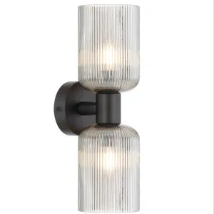Telbix Riven Dual Light Wall Sconce with Ribbed Glass Shades Black and Smoke by Telbix, a Lamps for sale on Style Sourcebook