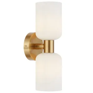 Telbix Riven Dual Light Wall Sconce with Ribbed Glass Shades Antique Gold and Opal Matte by Telbix, a Lamps for sale on Style Sourcebook