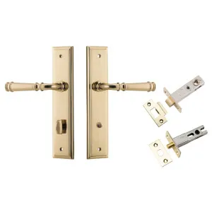 Verona Lever Stepped Backplate Privacy Kit w Privacy Turn Polished Brass by Iver, a Door Hardware for sale on Style Sourcebook