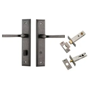 Annecy Lever Stepped Backplate Privacy Kit w Privacy Turn Distressed Nickel by Iver, a Door Hardware for sale on Style Sourcebook