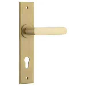 Osaka Lever Brushed Brass Chamfered Backplate by Iver, a Door Hardware for sale on Style Sourcebook
