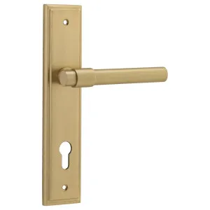 Helsinki Lever Stepped Backplate Brushed Brass by Iver, a Door Hardware for sale on Style Sourcebook