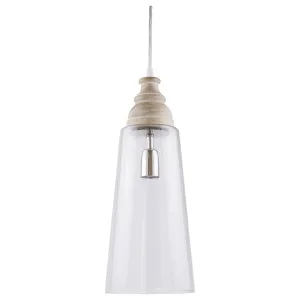 Holstein  Clear Glass & Wood Pendant Light, White Wash Timber by Schots, a Fixed Lights for sale on Style Sourcebook