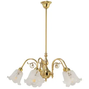 Victoriana Elegant 5-Light Pendant with Floral Frosted Glass Shades Polished Brass by Lighting Inspirations, a Lighting for sale on Style Sourcebook