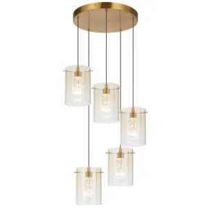 Telbix Crevil 5 Light Statement LED Cluster Pendant with Gradient Glass Shades Antique Gold with Amber Glass by Telbix, a Lighting for sale on Style Sourcebook