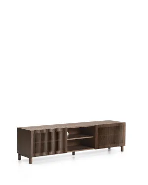 Beyla TV stand with 2 doors in ash veneer and solid ash wood with walnut-tone finish 180 x 49.5 cm FSC 100% by null, a Entertainment Units & TV Stands for sale on Style Sourcebook