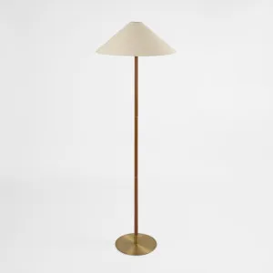 Huntley Leather & Brass Floor Lamp & Linen Shade by Emac & Lawton, a Floor Lamps for sale on Style Sourcebook