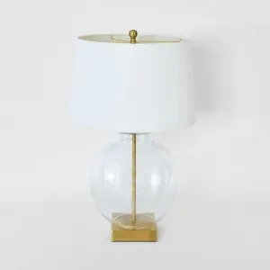 Ellyn Glass and Brass Lamp with White Linen Shade by OneWorld Collection, a Table & Bedside Lamps for sale on Style Sourcebook