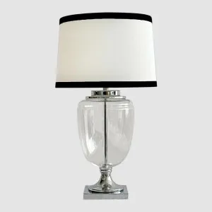 Charlotte Glass and Nickel Lamp with White Linen Shade (Black Trim) by OneWorld Collection, a Table & Bedside Lamps for sale on Style Sourcebook
