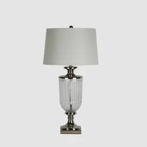 Bellevue Glass Nickel Lamp With White Linen Shade by OneWorld Collection, a Table & Bedside Lamps for sale on Style Sourcebook
