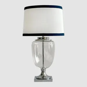 Charlotte Glass and Nickel Lamp with White Linen Shade (Navy Trim) by OneWorld Collection, a Table & Bedside Lamps for sale on Style Sourcebook
