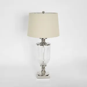 Bellevue Glass Nickel Lamp With Natural Linen Shade by OneWorld Collection, a Table & Bedside Lamps for sale on Style Sourcebook