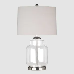 Regency Nickel and Glass Table Lamp with Natural Linen Shade by OneWorld Collection, a Table & Bedside Lamps for sale on Style Sourcebook