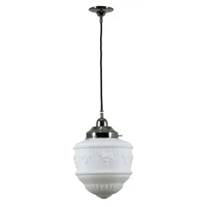 Senator 8'' Opal Matte on Cloth Cord Black Cloth Suspension, Chrome by Lighting Inspirations, a Pendant Lighting for sale on Style Sourcebook