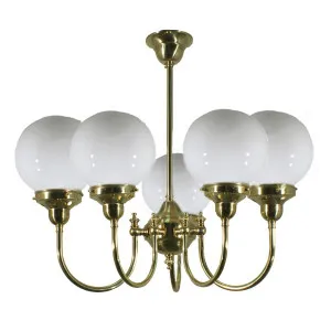 Luke 5 Light Pendant Polished Brass with 6'' Opal Gloss Spheres by Lighting Inspirations, a Pendant Lighting for sale on Style Sourcebook