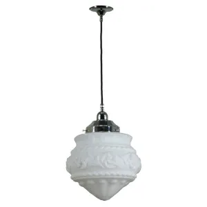 Premier 8'' Opal Matte on Cloth Cord Black Cloth Suspension, Chrome by Lighting Inspirations, a Pendant Lighting for sale on Style Sourcebook