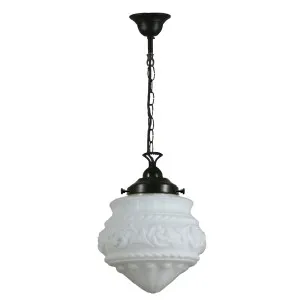 Premier 8'' Opal Matte on Single Chain Black Cloth Suspension, Patina by Lighting Inspirations, a Pendant Lighting for sale on Style Sourcebook