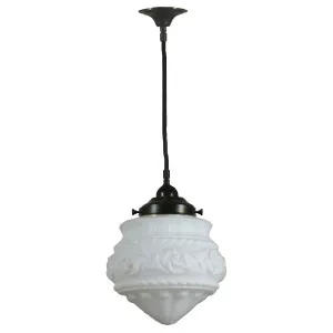 Premier 8'' Opal Matte on Cloth Cord Black Cloth Suspension, Patina by Lighting Inspirations, a Pendant Lighting for sale on Style Sourcebook