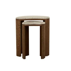 Oberon Curve Nest of 2 Marble Side Tables - Satin Grey Travertine - Smoked Ash by GlobeWest, a Side Table for sale on Style Sourcebook