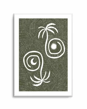 Sun Moon And Palm Trees Olive Green by Shatha Al Dafai by oliveetoriel.com, a Prints for sale on Style Sourcebook