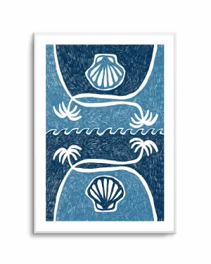 Wave Shells And Palm Trees Blue by Shatha Al Dafai by oliveetoriel.com, a Prints for sale on Style Sourcebook