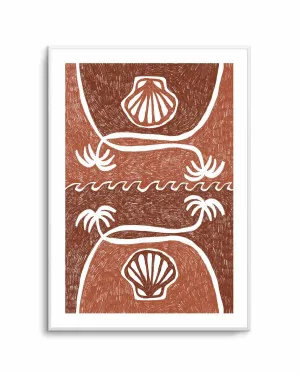 Wave Shells And Palm Trees Brown Terracotta by Shatha Al Dafai by oliveetoriel.com, a Prints for sale on Style Sourcebook