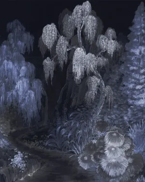 Japandi Garden Panoramic Mural Midnight Blue Mural Wallpaper by oliveetoriel.com, a Wallpaper for sale on Style Sourcebook