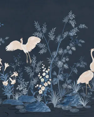 Chinoiserie Garden Panoramic Navy Blue Mural Wallpaper by oliveetoriel.com, a Wallpaper for sale on Style Sourcebook