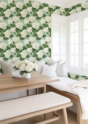 White Hydrangea on Mint Wallpaper by oliveetoriel.com, a Wallpaper for sale on Style Sourcebook