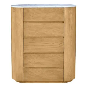 Curve Light Oak & Carrara Marble Tallboy - 5 Drawer by James Lane, a Dressers & Chests of Drawers for sale on Style Sourcebook