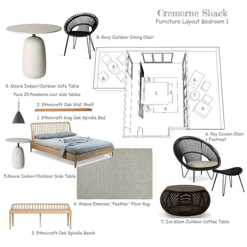 Cremorne Shack Bedroom 1 Furniture Layout Mood Board by decodesign on Style Sourcebook