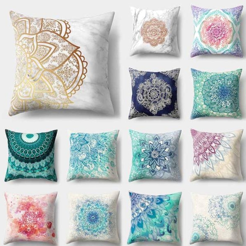 Mandala Pattern Blue Polyester Throw Pillow Interior Design Mood Board by accentpillowcasebaby