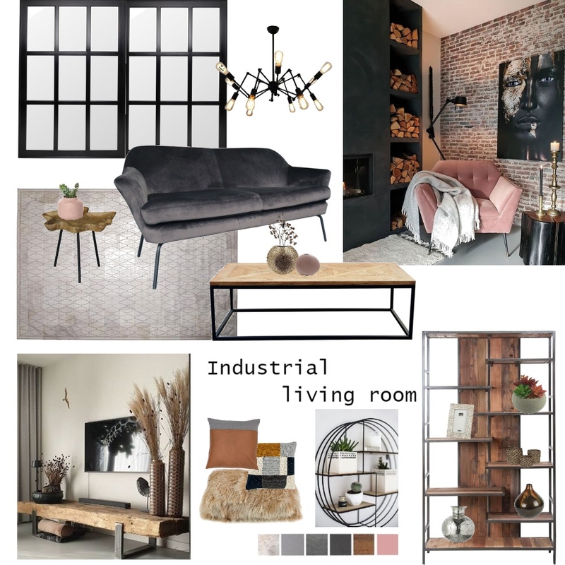 Industrial living room with pink armchair Mood Board by Georgiana Draghici on Style Sourcebook